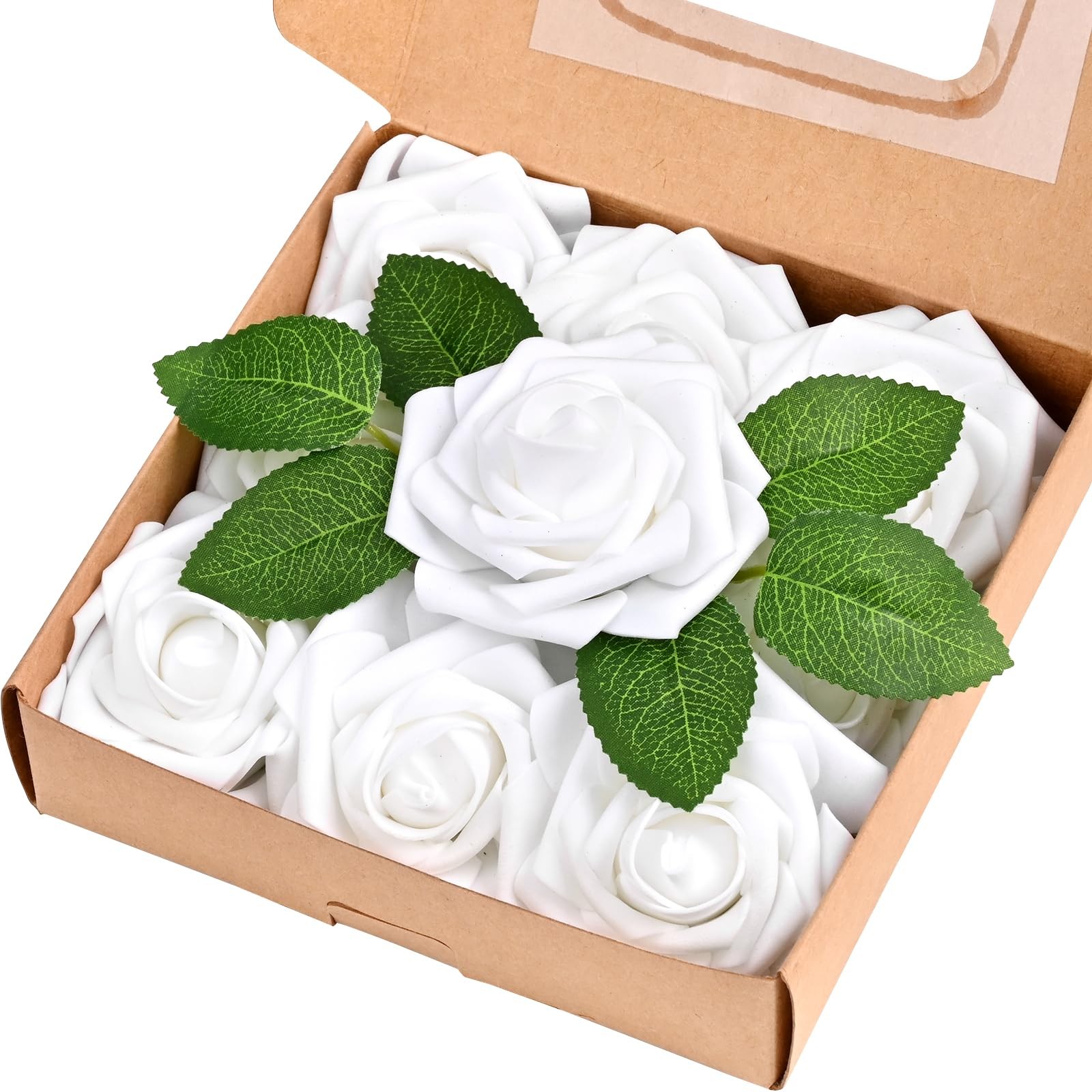 9 Pcs Artificial Flowers Fake Rose with Stems – White Real Touch Foam Roses f…