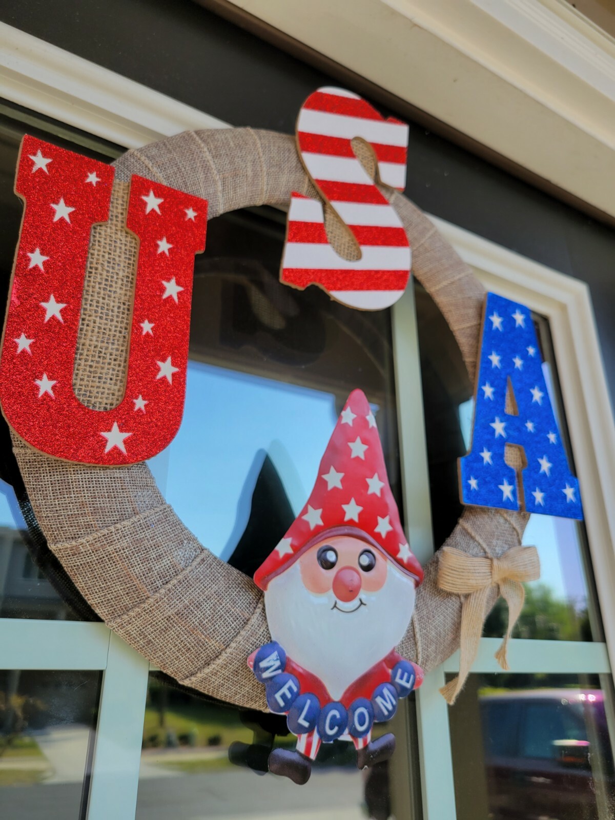 USA Welcome Gnome red white and blue burlap Door WREATH patriotic 4th of July