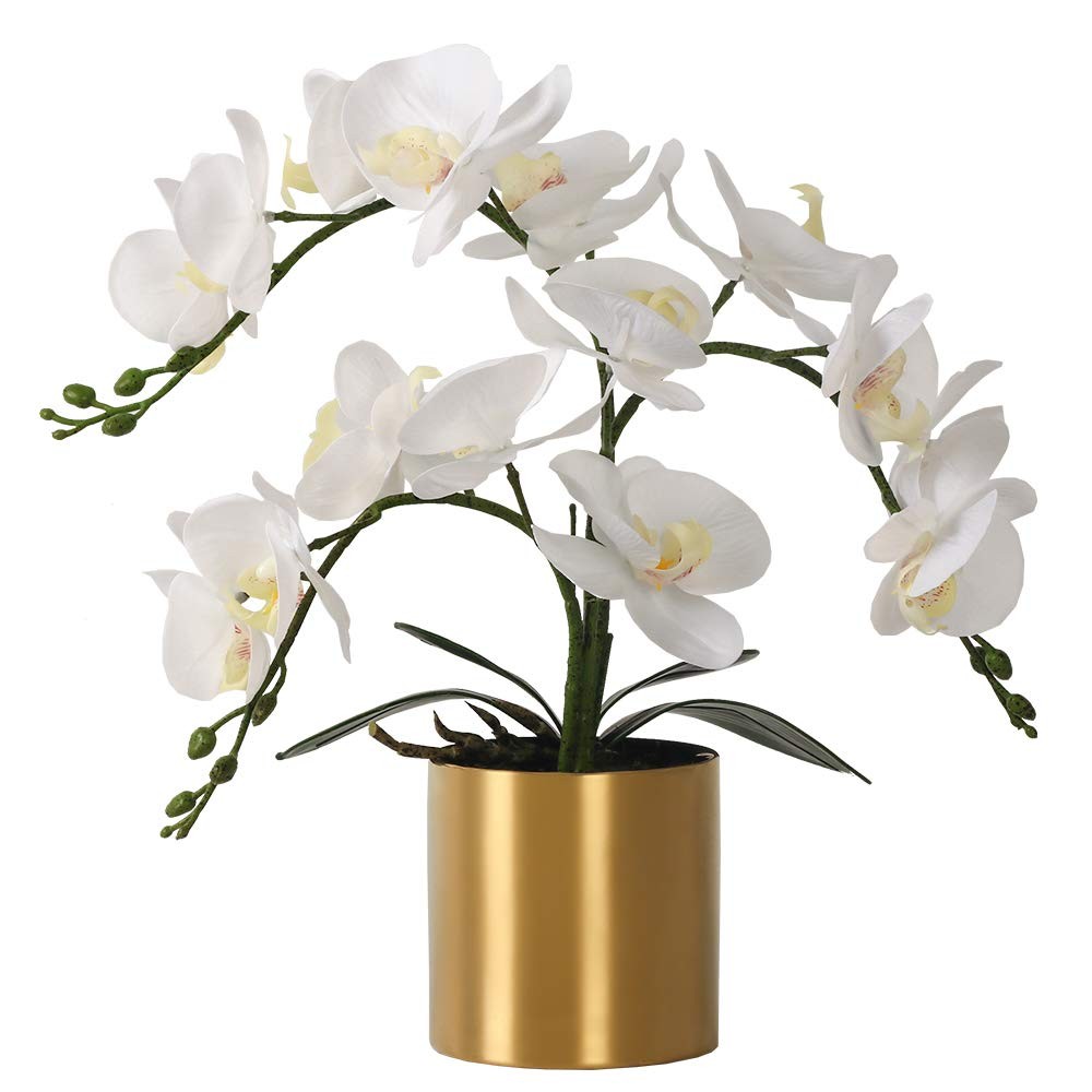 Artificial White Orchid Flowers Real Touch Faux Arrangement Gold Vase Decor
