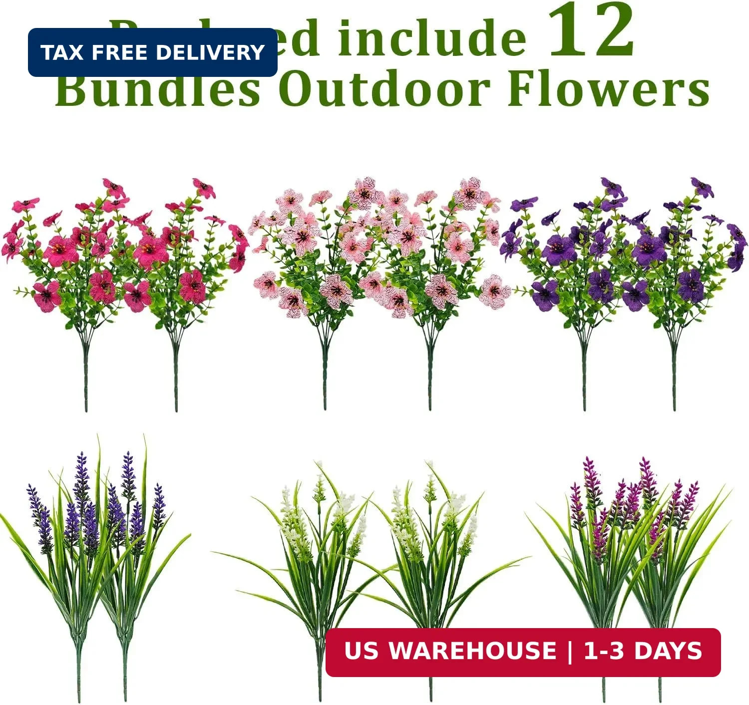 12 Bundles Artificial Flowers Outdoor Silk Fake Plants UV Resistant Faux Plastic