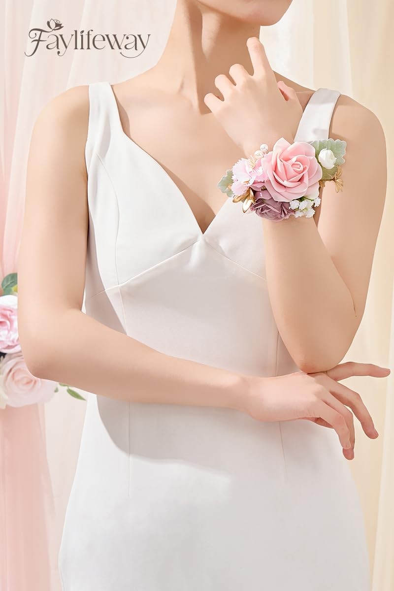 Pink Rose Corsage and Boutonniere Set Prom Flower Wrist Corsage for Wedding B…