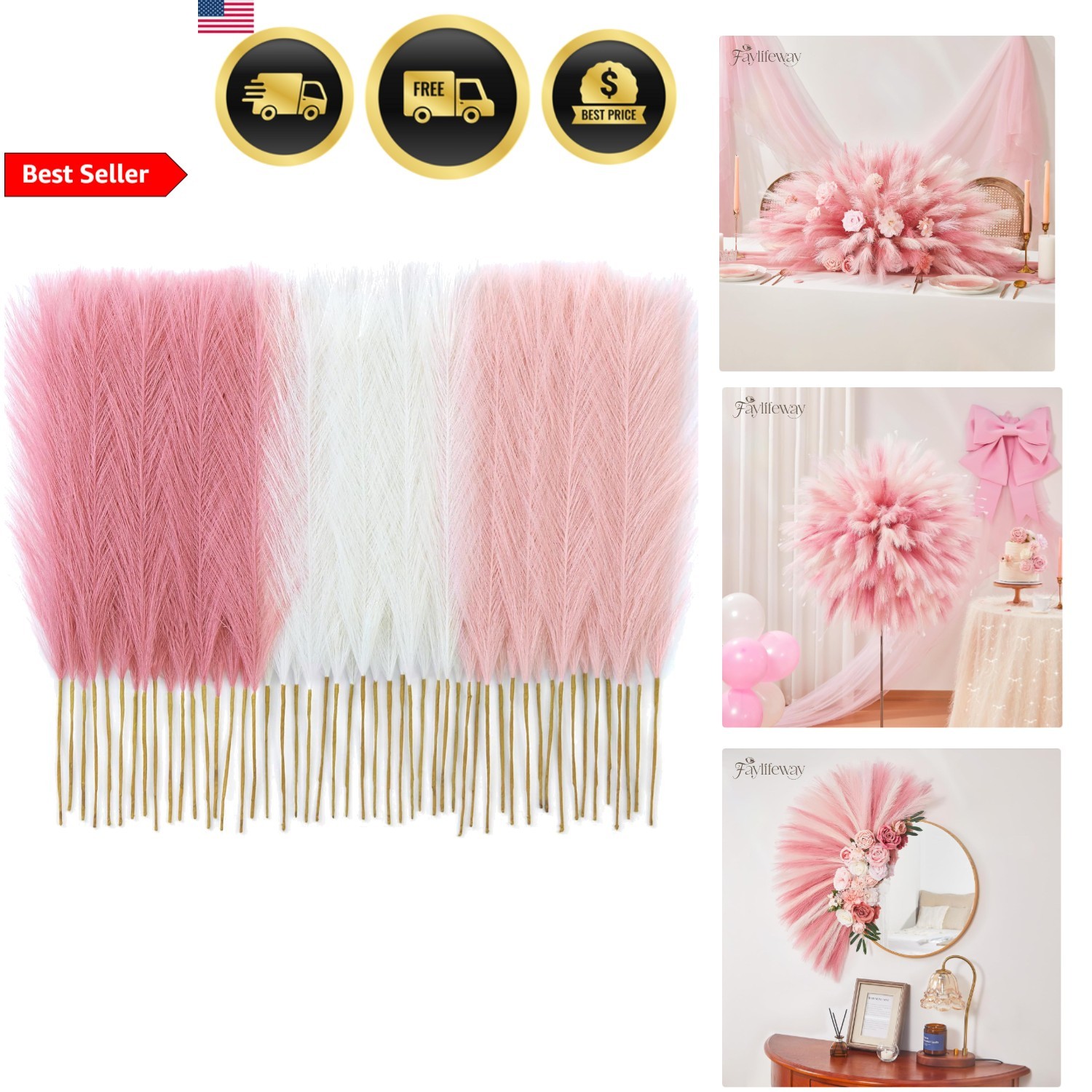 Artificial Pampas Grass 50pcs Blush Pink Cream Fluffy Decor for Home Party