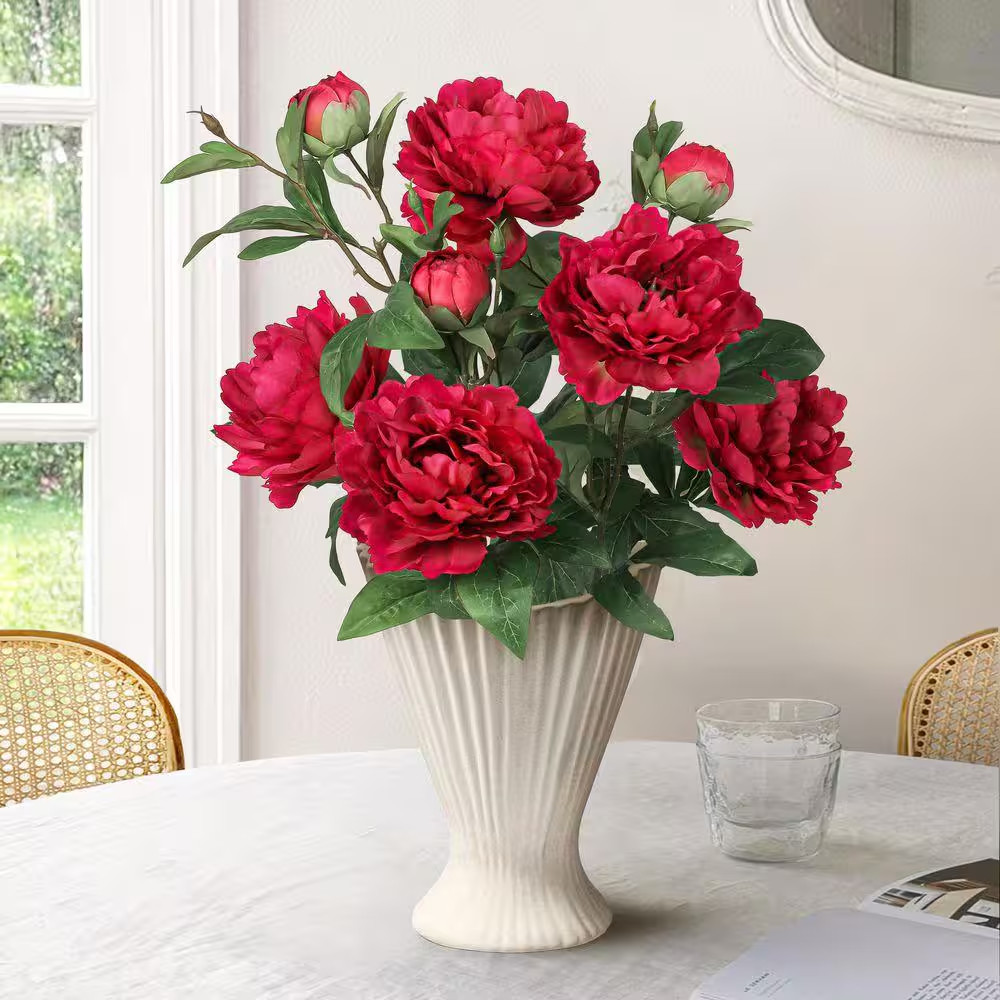 22 In. Deluxe Red Artificial Peony Plant Flower Stem Bush Bouquet