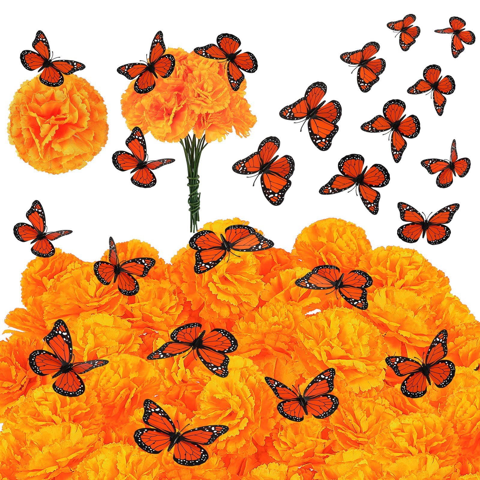 60 Artificial Marigold Flowers with Stem 20 Monarch Butterfly Day of The Dead…