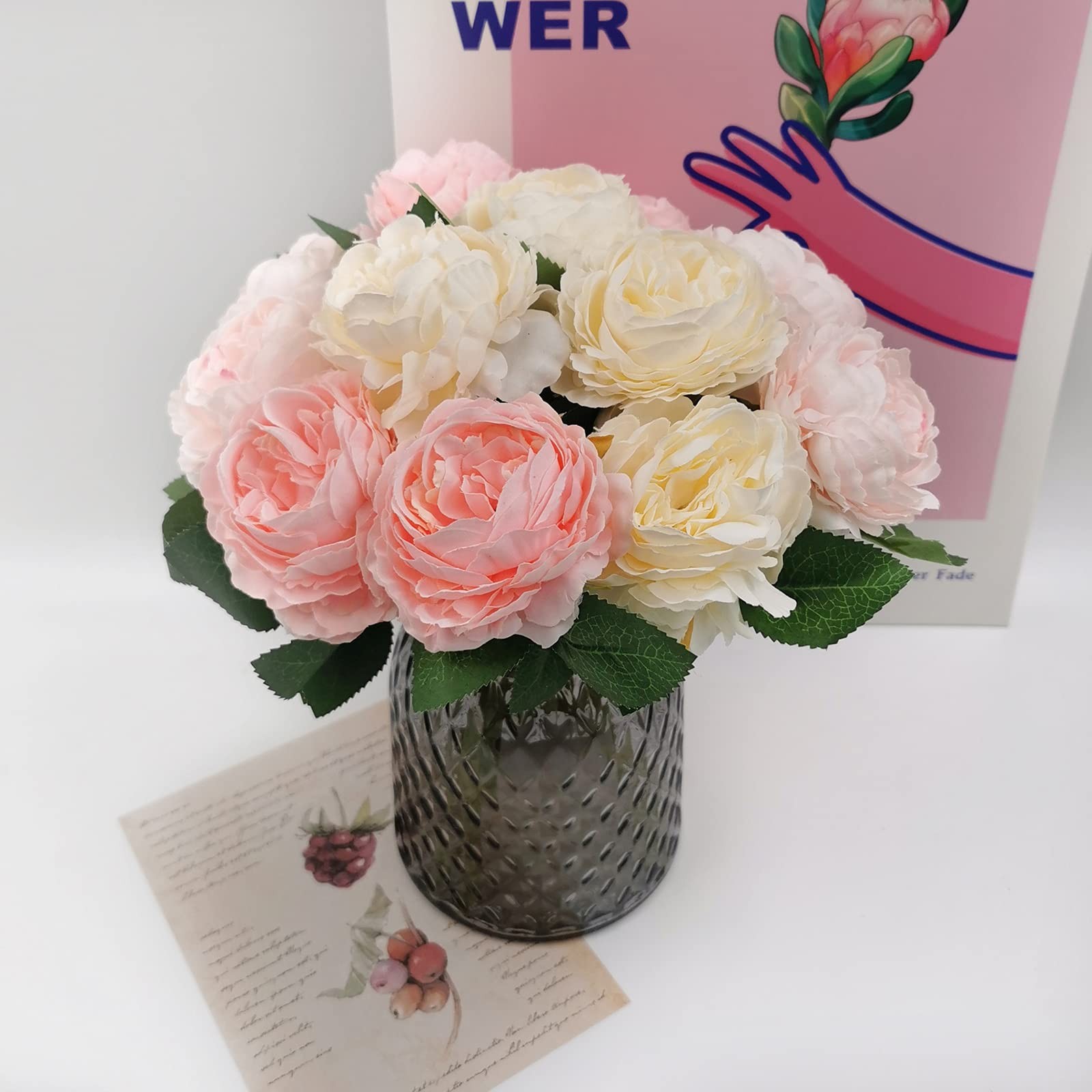 3 Corlors Artificial Peony Flowers with 2 Satin Ribbons & Greeting Card,12 He…