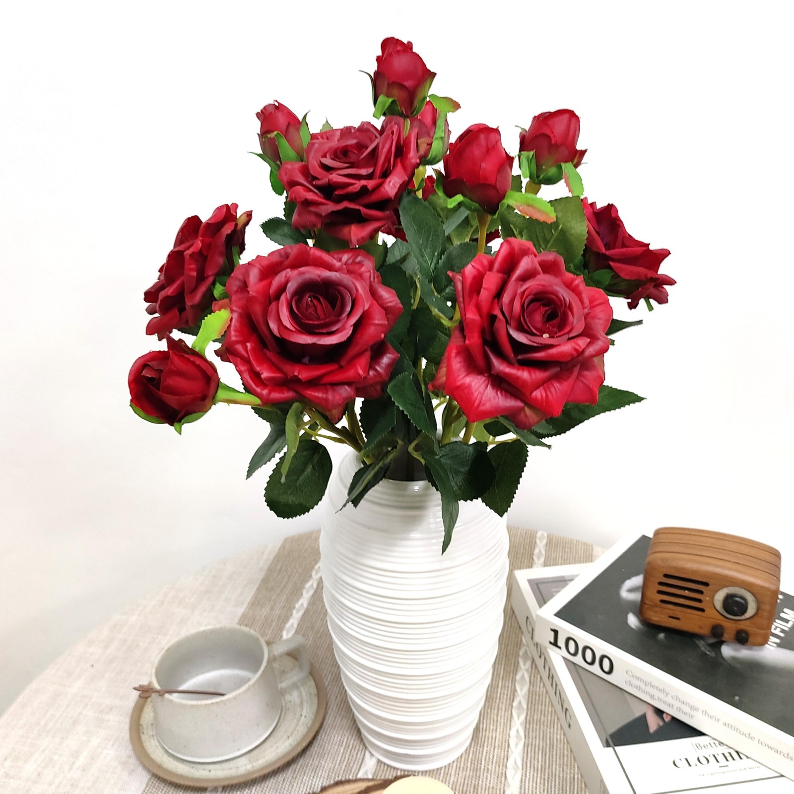 Fake Red Roses Flowers, 6 Pcs Faux Silk Real Touch Moisturizing Artificial Ro…
