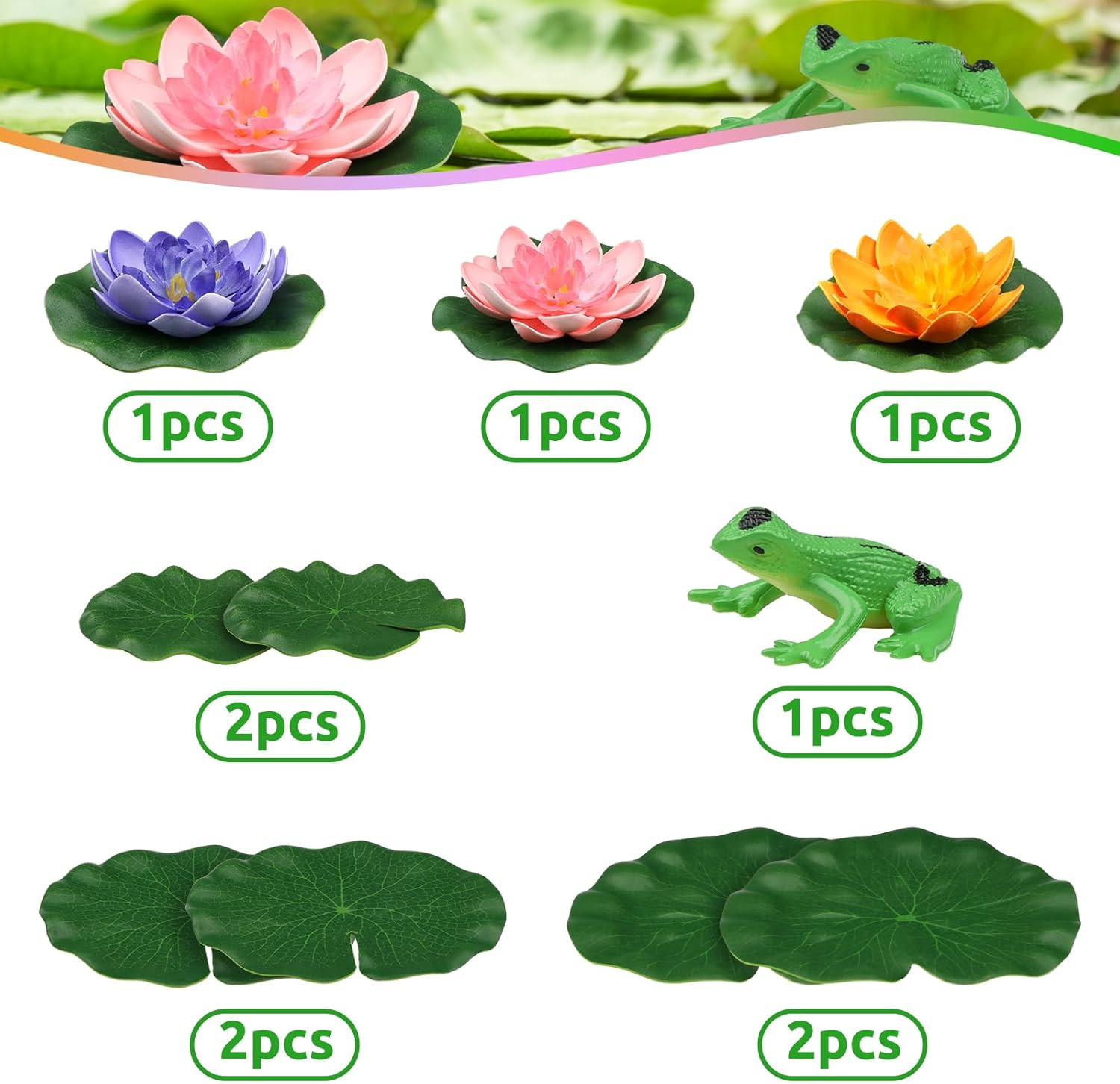 10Pcs Floating Foam Lotus Flowers with Artificial Frog Lotus Leaves, Lily Pads f