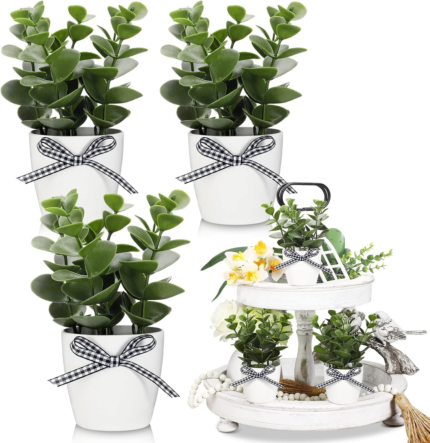 Jexine Farmhouse Tiered Tray Decor Mini Potted Eucalyptus Multi Color