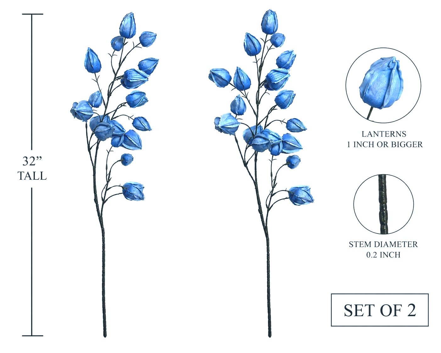 2 Blue Chinese Lantern Stems | 32 Inch Tall French Blue Lantern Pods Farmhouse