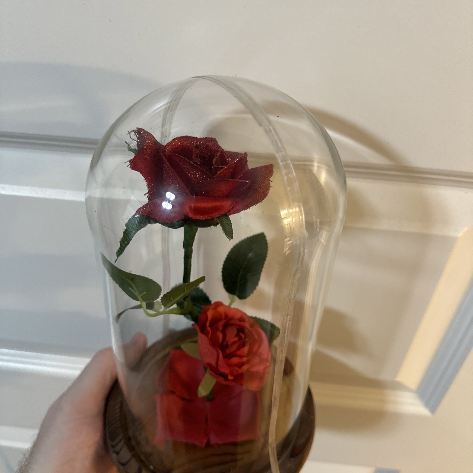 Rose In Glass Flower Dome Wood Base Pre-Drilled for Lights Beauty & The Beast