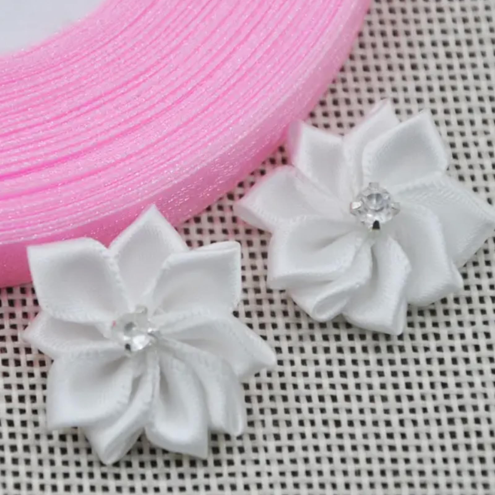 50 PCS 1 Inch Satin Ribbon Flowers Small White Crafts Rhinestone Center Decor