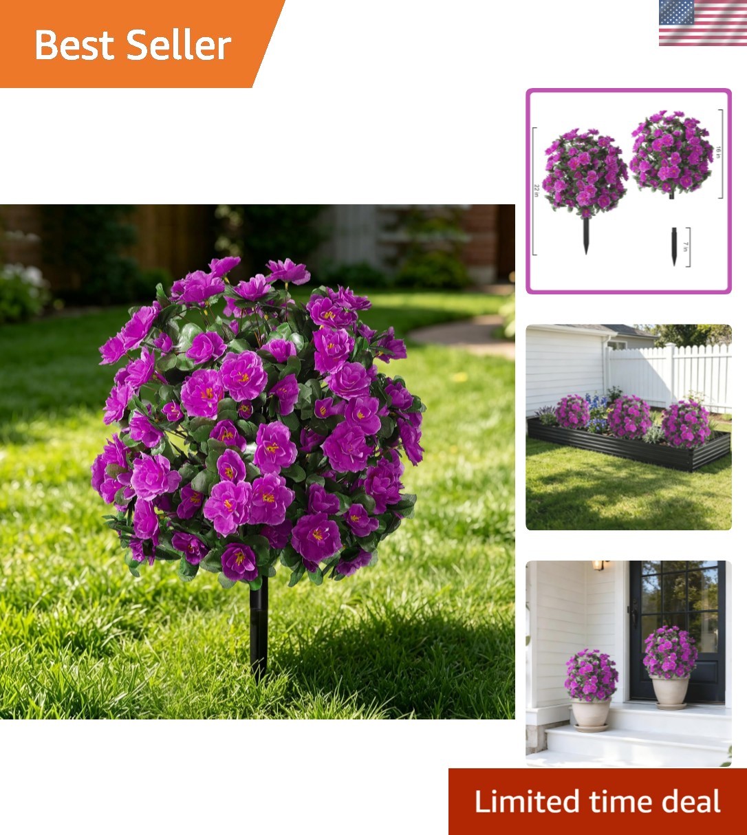 Artificial Flowers for Outdoor with Ground Stakes, 22″ Faux Azalea Silk Flora…