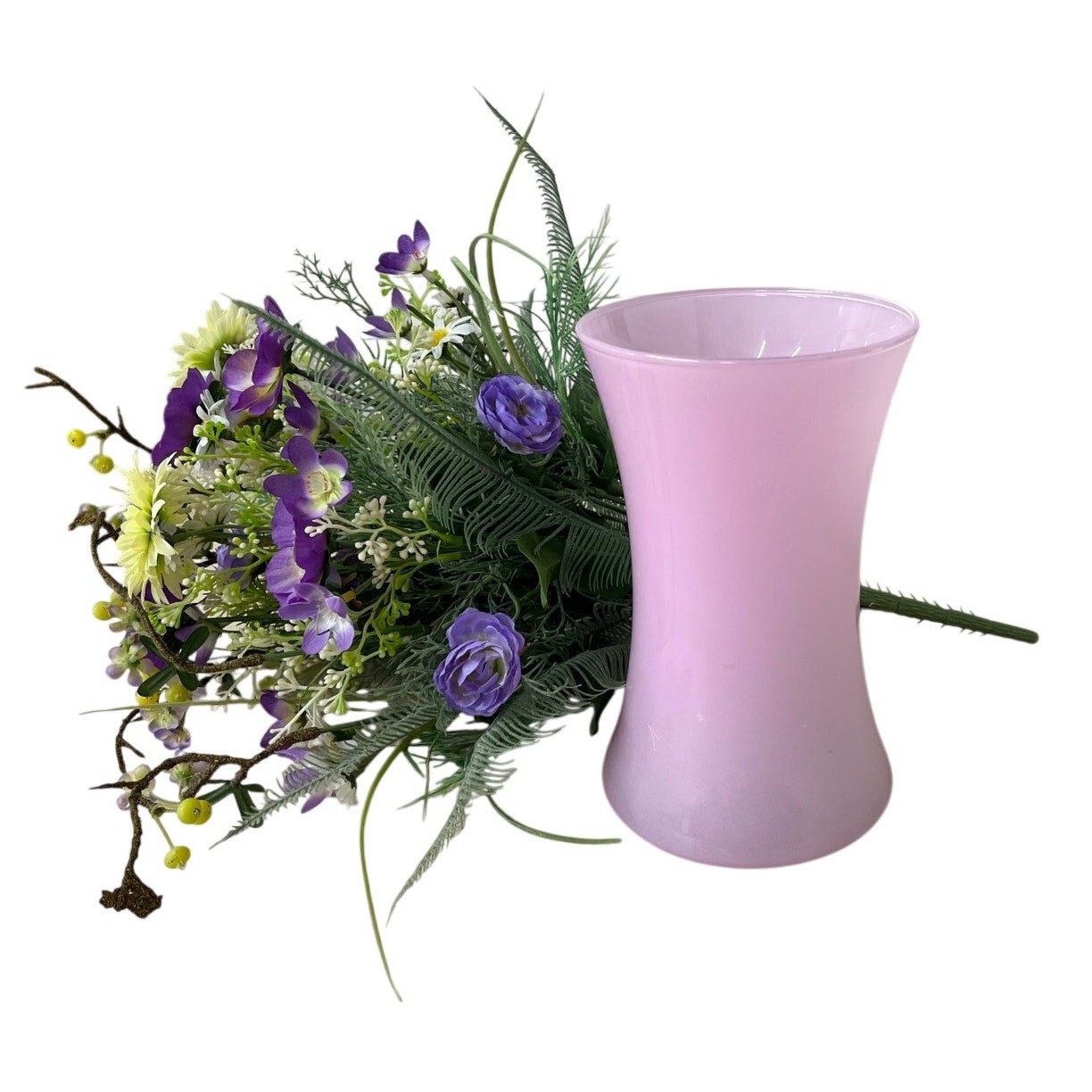 Faux Floral Arrangement Pink Vase Purple White