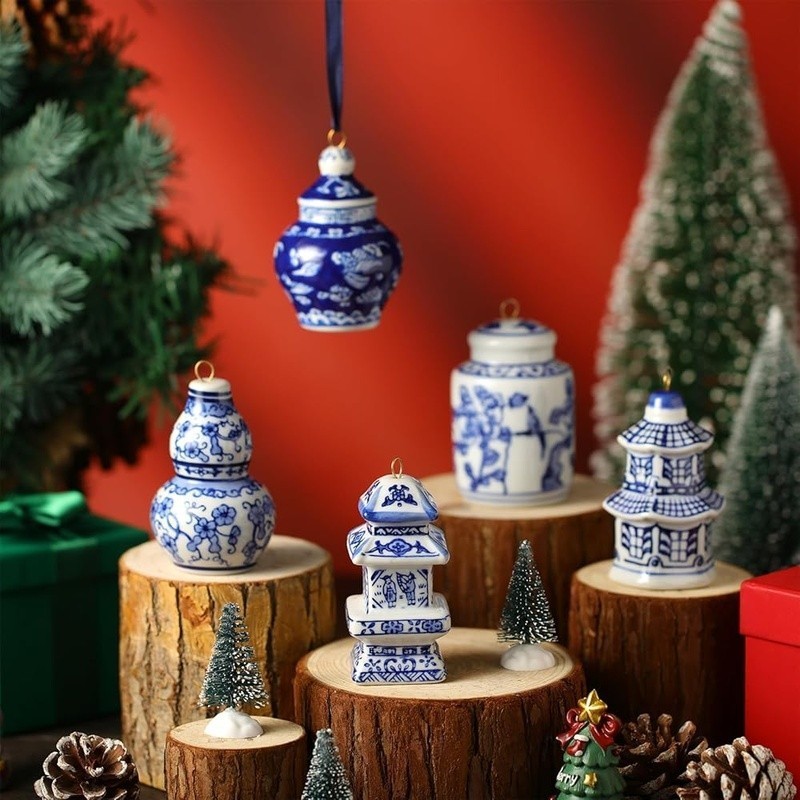 12pcs Blue White Porcelain Ginger Jars Christmas Ornaments Home Decor Collection