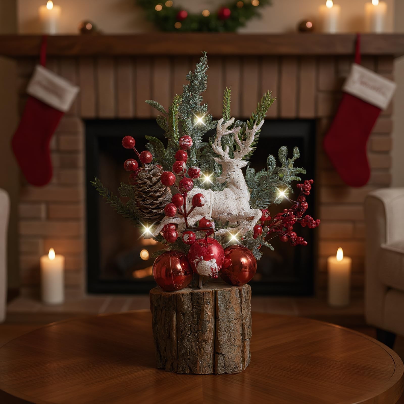 Small Mini Christmas Tree With Lights Artificial Tabletop Pine Cones Red Berry