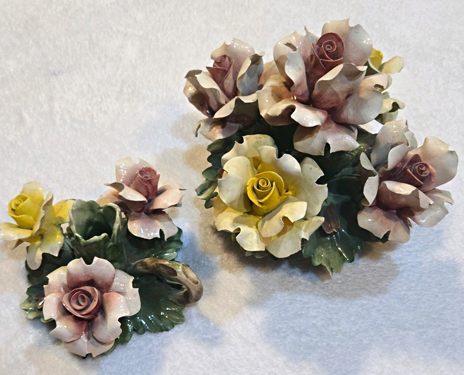 Vintage Italian Capodimonte Porcelain Rose Centerpiece Basket Candlestick Holder