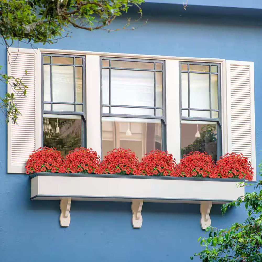 14 In. Red Outdoor Artificial Flowers 21 UV Resistant Bundles Fake Flower Plasti