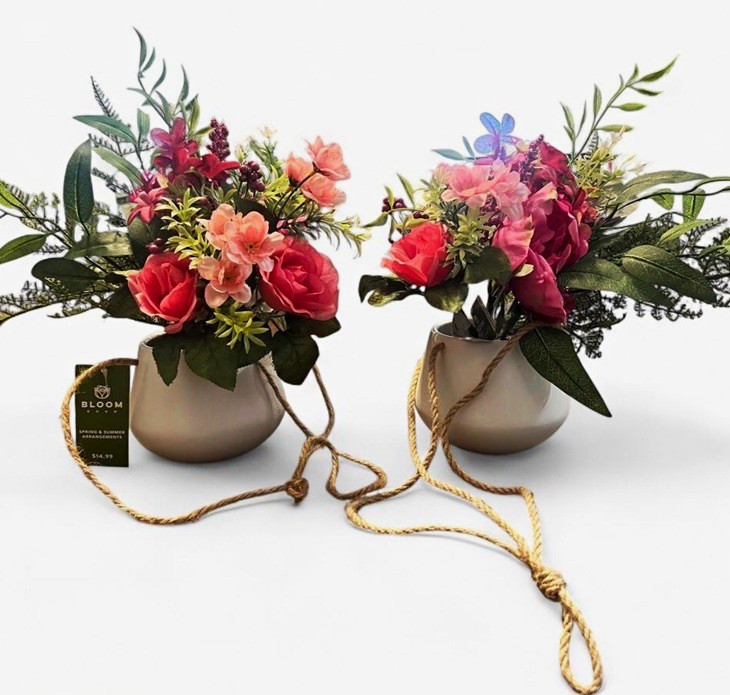 Set of 2 Artificial Rose Floral Arrangements Pink in Pots w/ Rope Cords hanging
