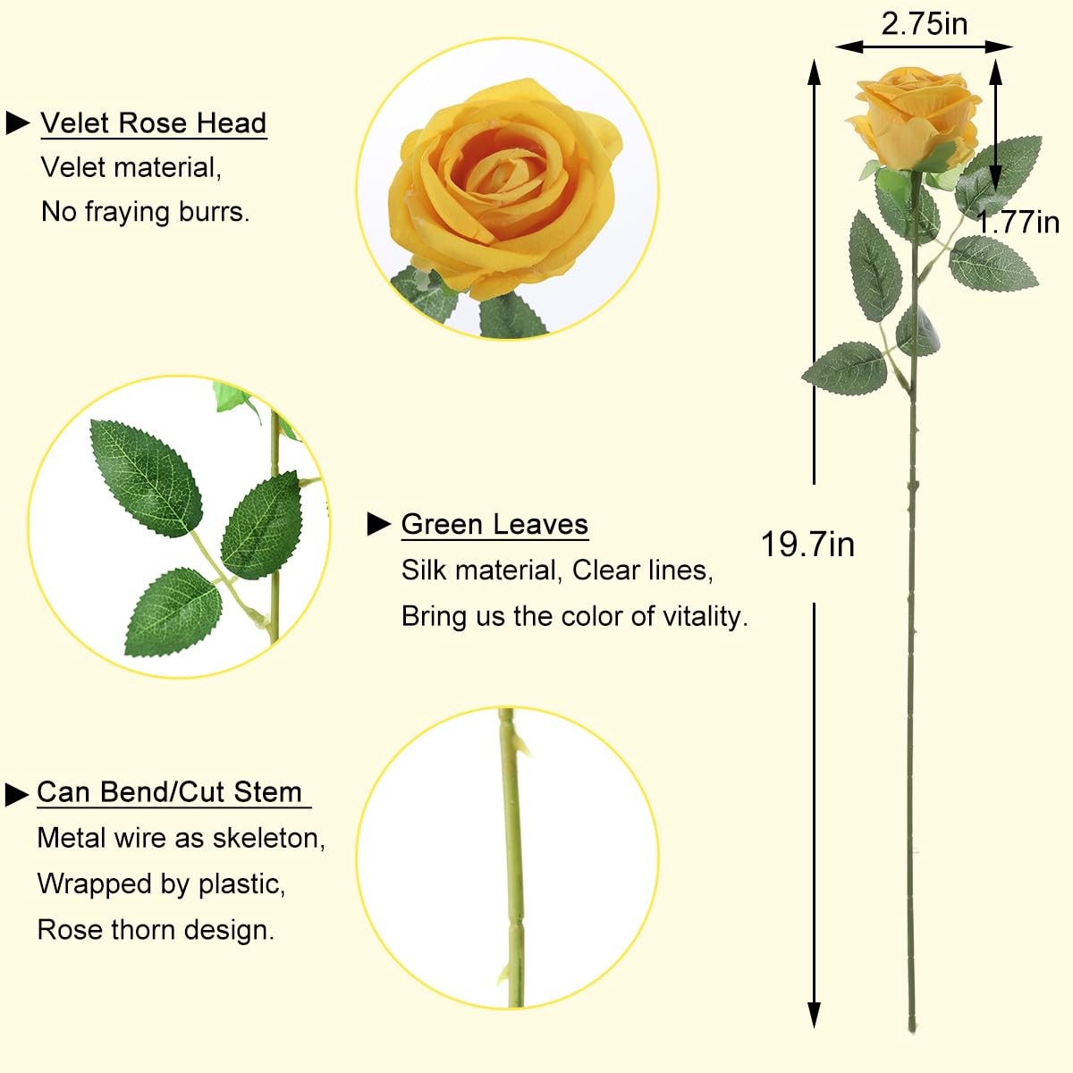 12 PCS Yellow Pearl Artificial Roses Fake Velvet Silk Flowers Wedding Home