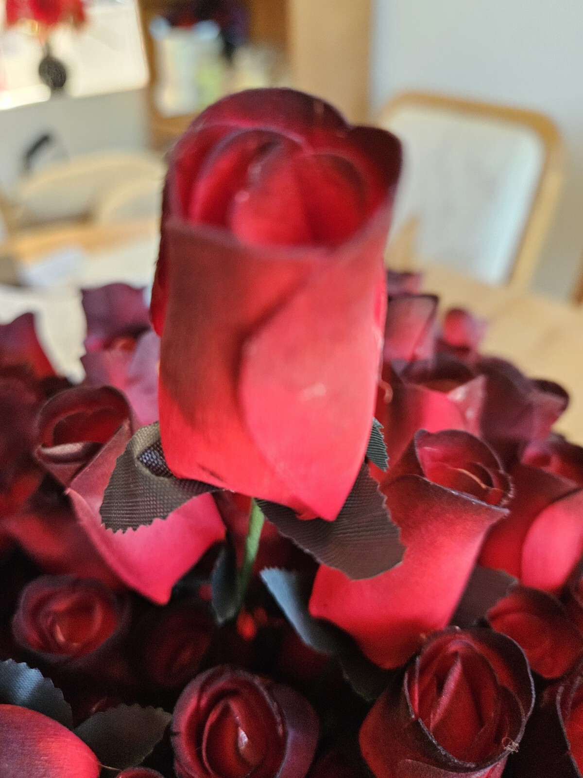 1 DOZEN – RED/BLACK – WOODEN ROSE BUDS 5 X 8 ARTIFICIAL FLOWERS – FREE SHIPPING