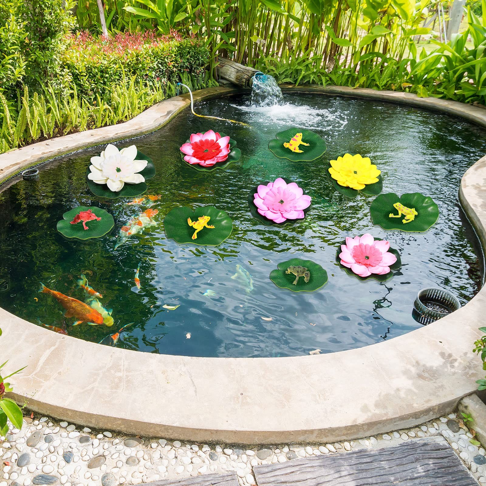 22 Pcs Water Lily Pad Artificial Floating Lotus Flower with Plastic Frog Figu…