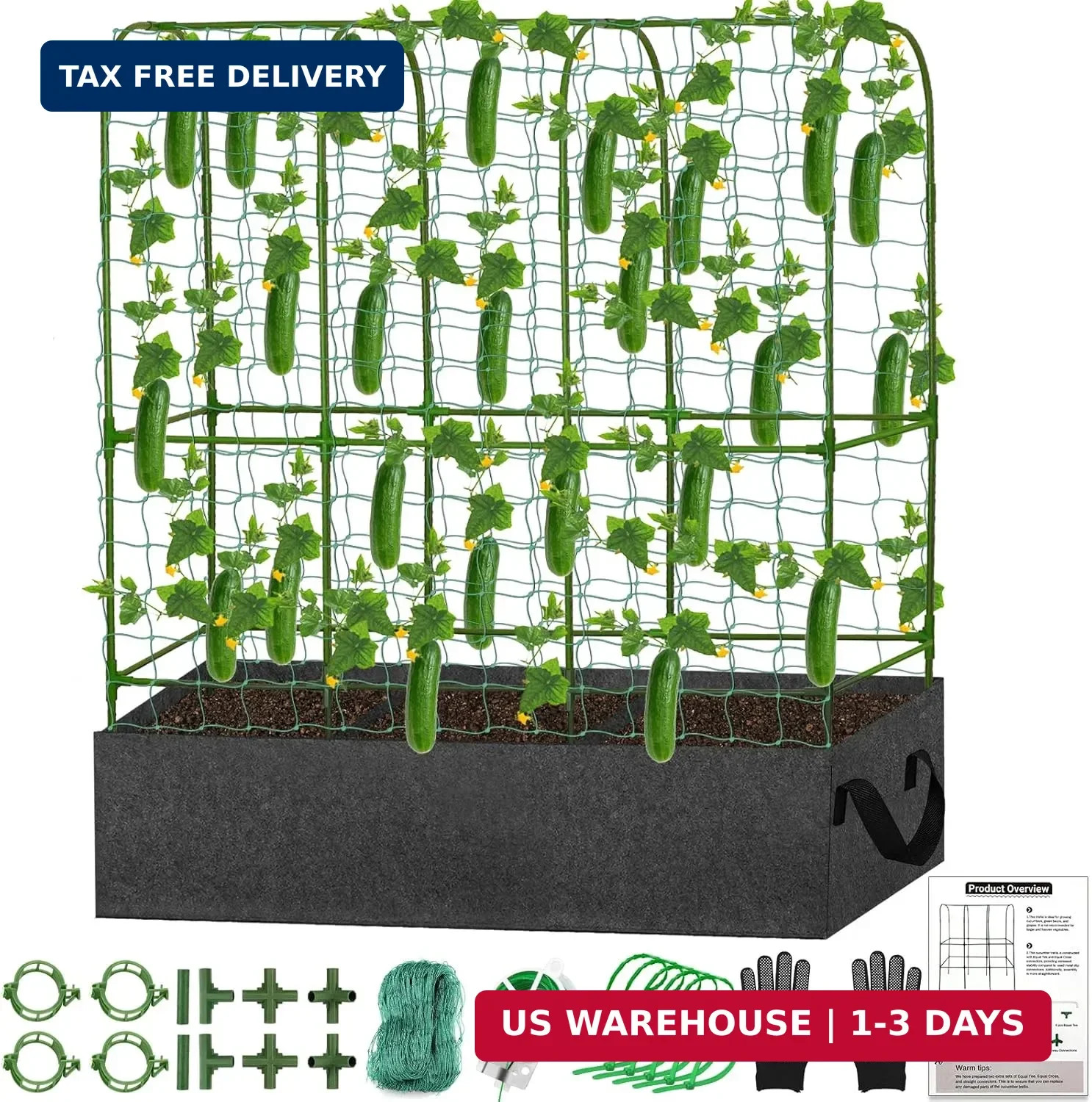 U-Shape Cucumber Trellis with Fabric Raised Garden Bed 65×50 Inch Metal Garden A