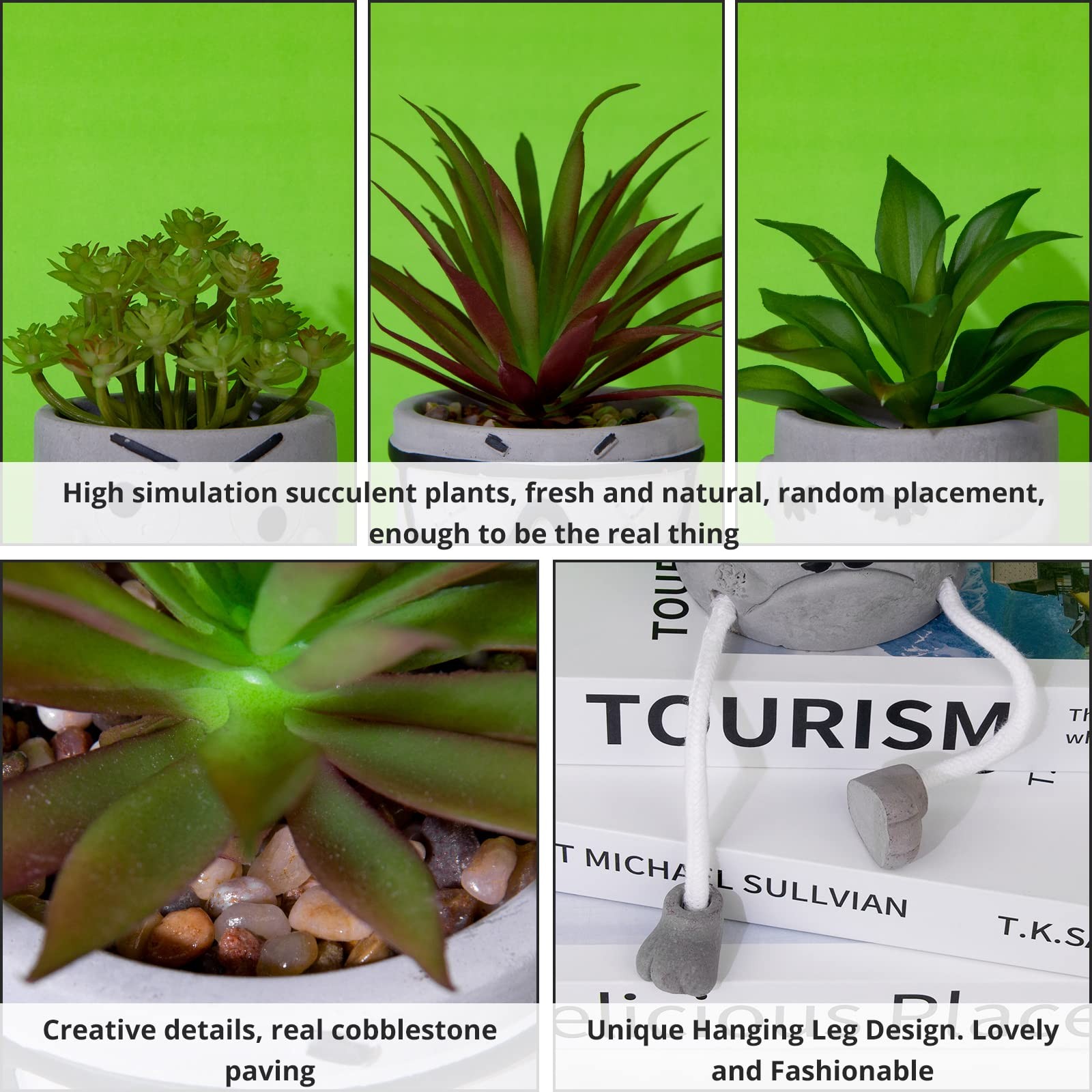 3-Set Artificial Succulents, Potted, Grey Pots, Fake Mini Plants, Desk Decor