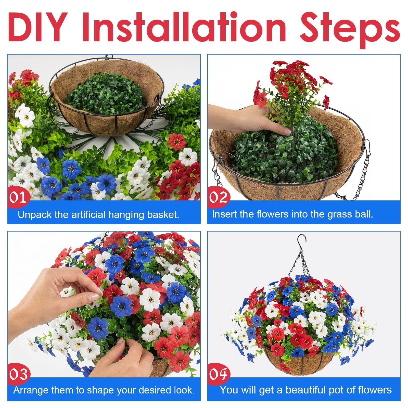 2 Set Artificial Outdoor Flowers with Hanging Baskets – 24 Patriotic Planters fo