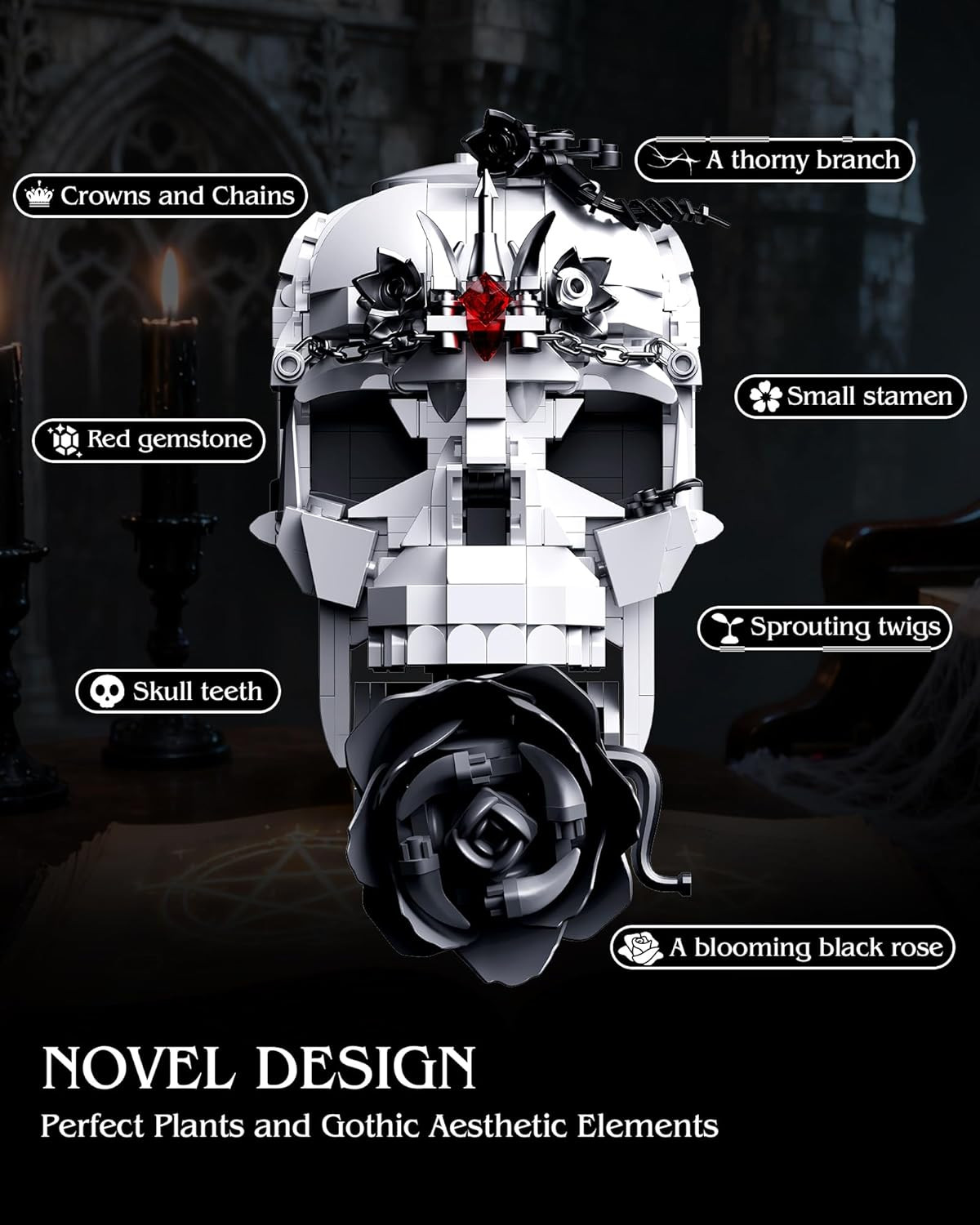 Skull Black Rose Flower Building Set, 3 in 1 Gothic Horror Decor Botanical Artif