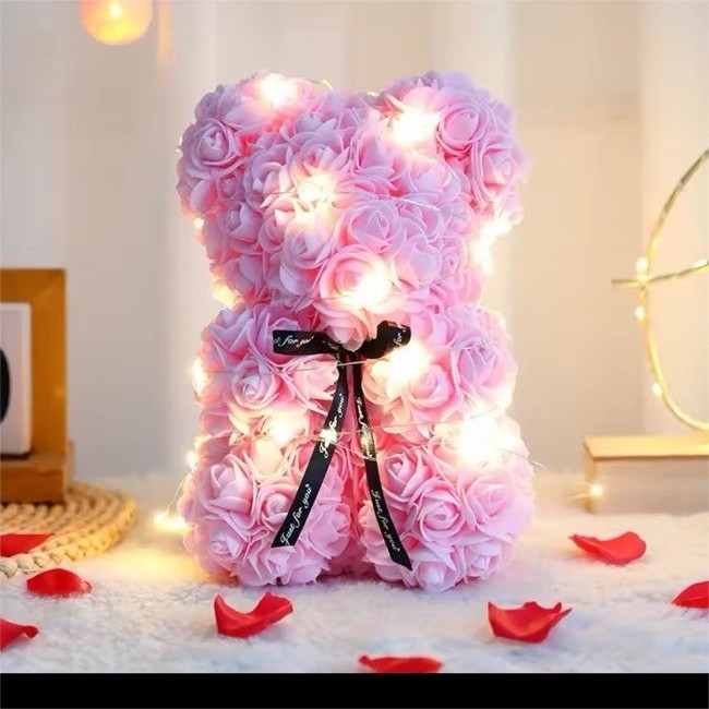 Pink Rose Bear Foam Flower Arrangement with Lights and Ribbon