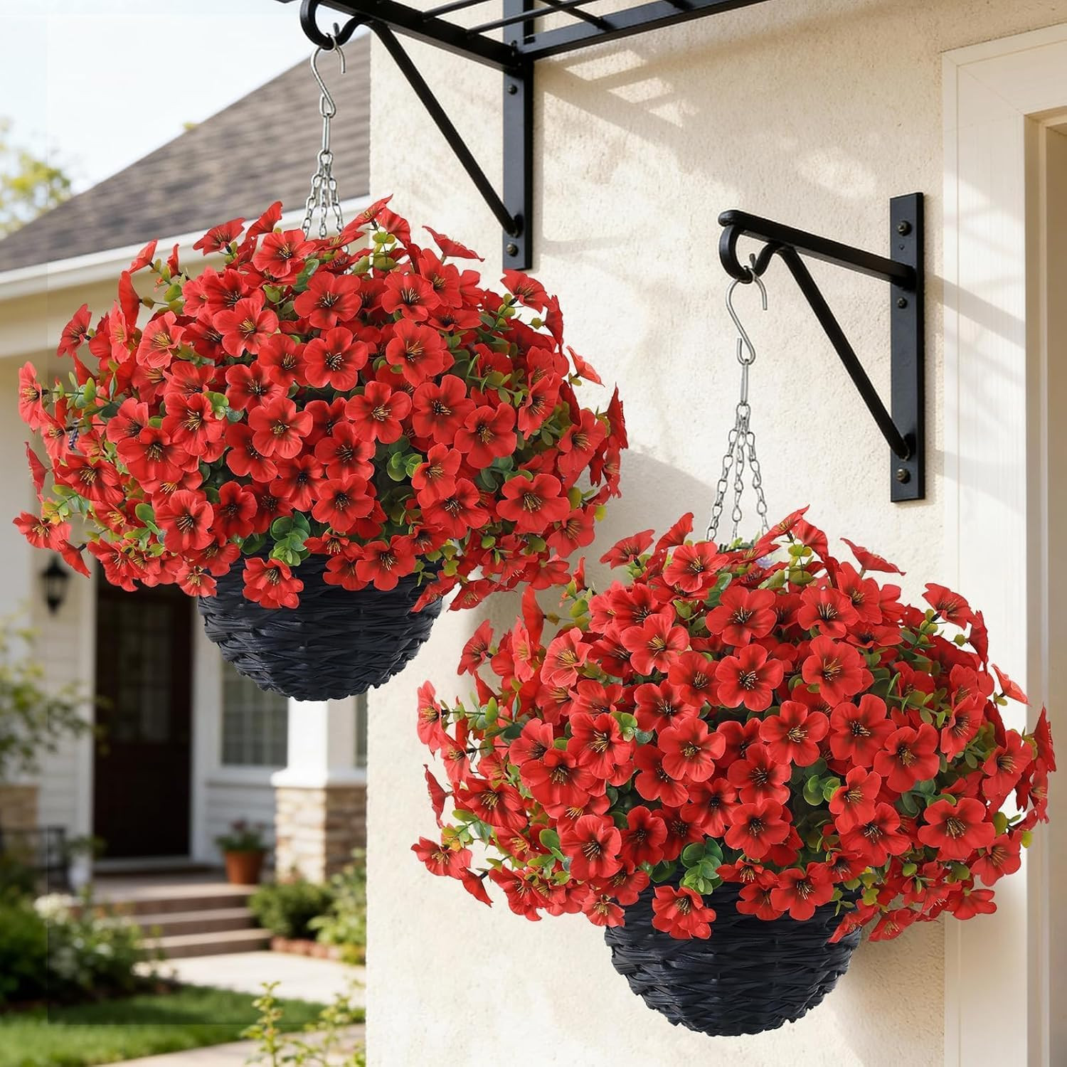 Red Artificial Morning Glory & Eucalyptus Hanging Baskets for Outdoor Decor