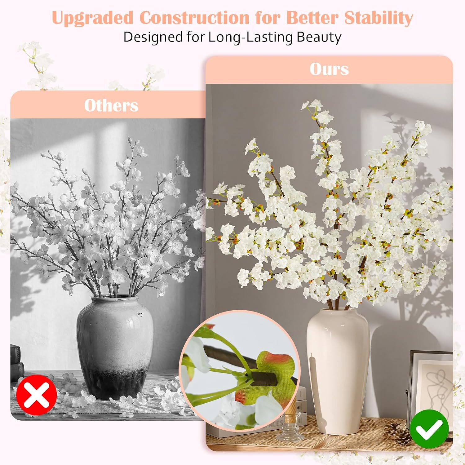 24Pcs Silk Cherry Blossom Branches, 39.3In Artificial Cherry Blossom Tree Stems,