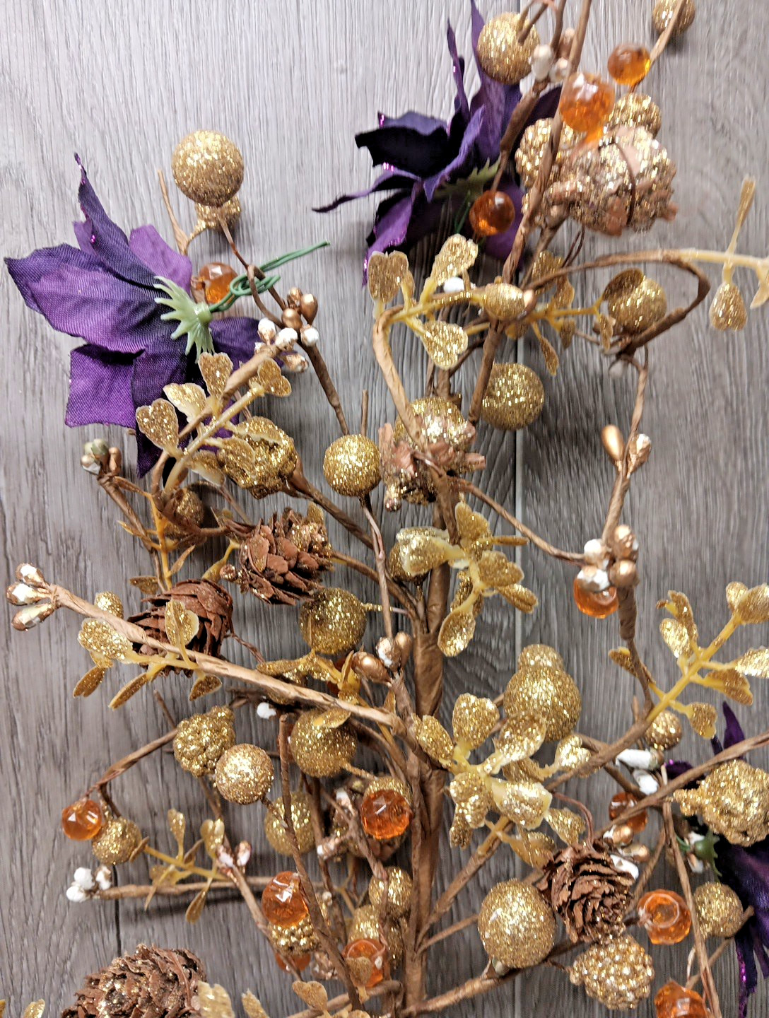 Gold Glitter, Pine Cones, Berries, Beads, Wired 15″ Spray – Holiday-Craft 2Pc