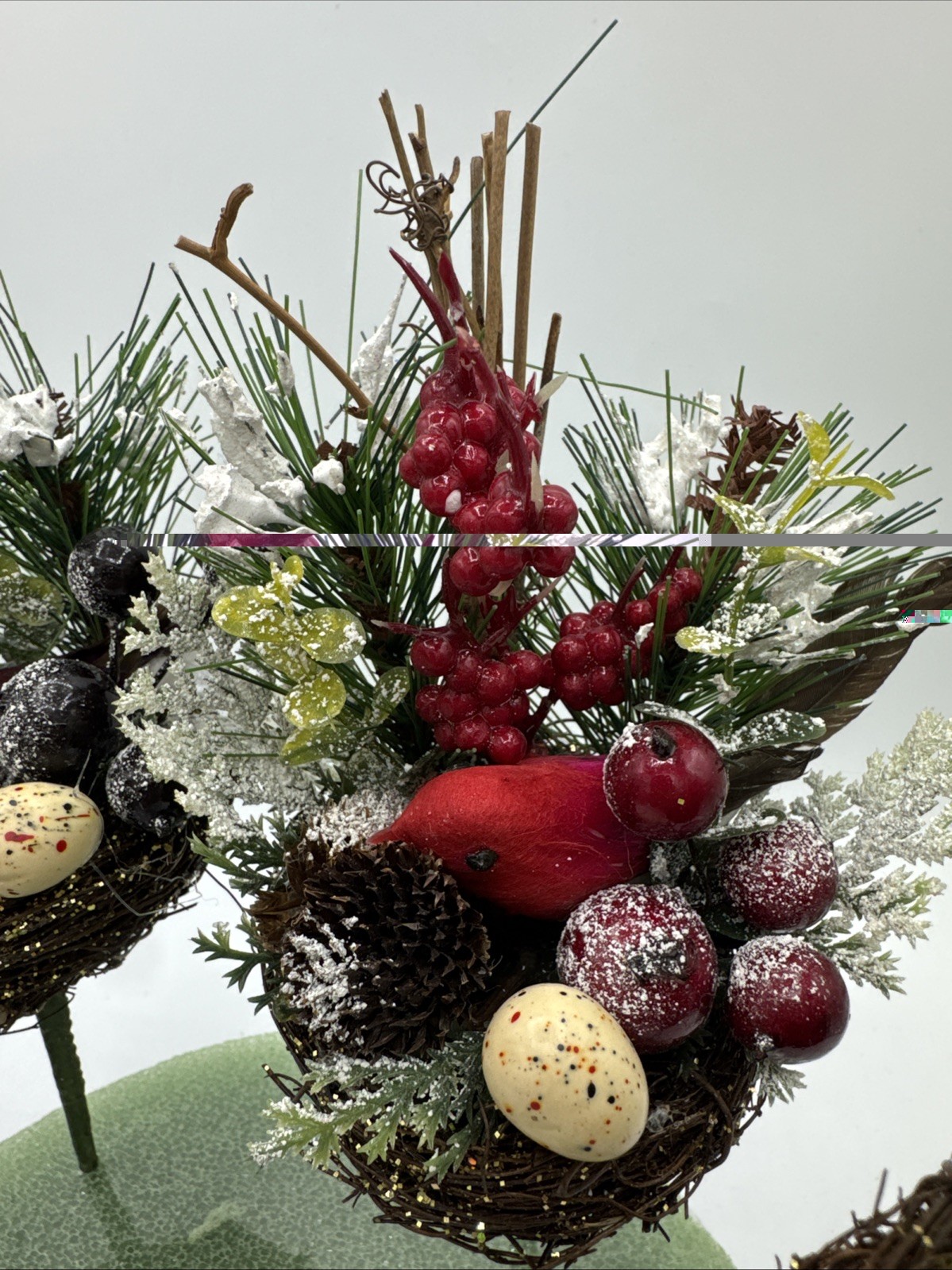 4 Vintage Cardinal Nest Faux Stems Stick Pinecone Berries Egg 9” Snow