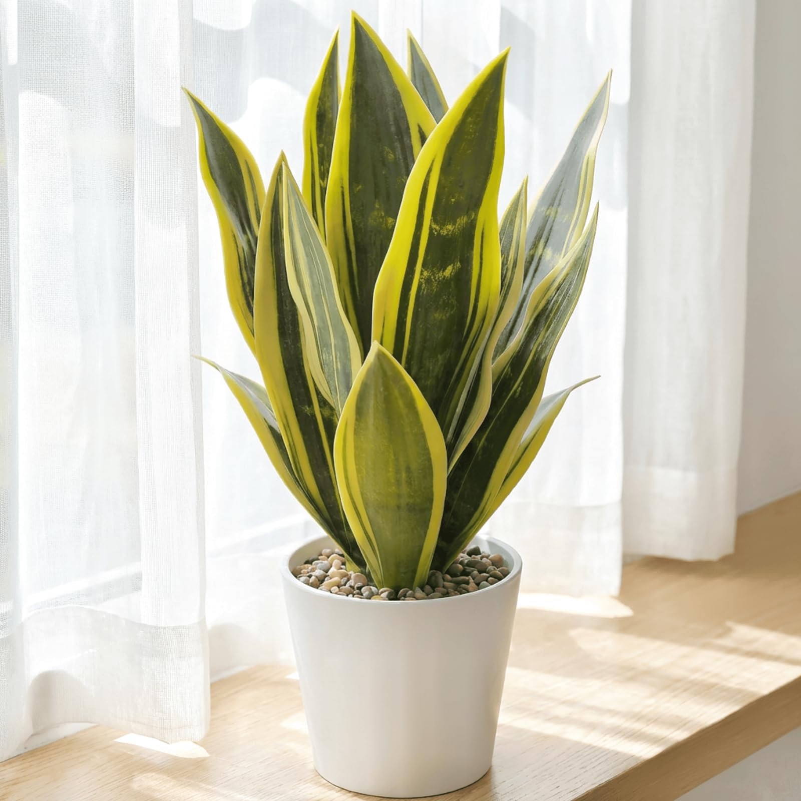 Artificial Snake Plants White Pot 15.5 Inch Sansevieria Green Yellow1 Decor