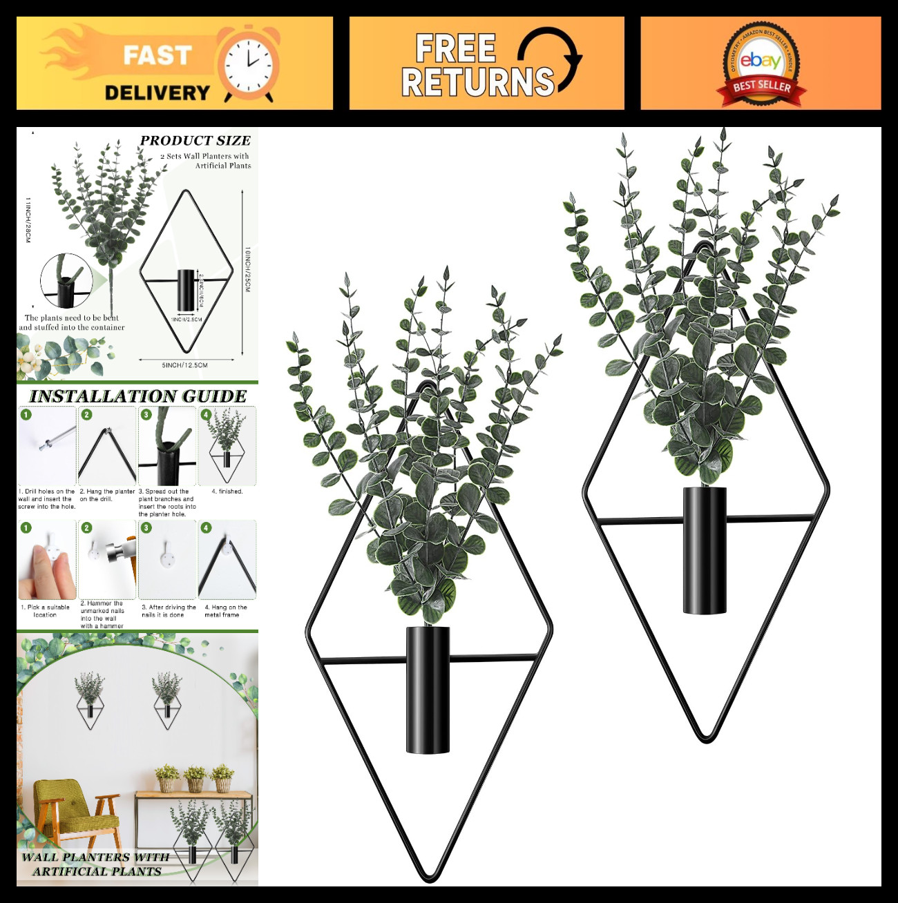 4 Pcs Metal Hanging Planters with Artificial Eucalyptus – Modern Geometric Boho