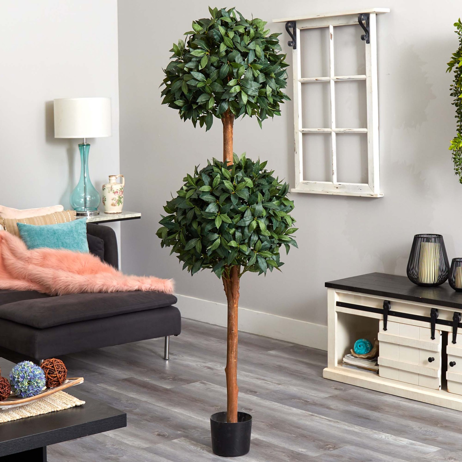 Nearly Natural 6ft Sweet Bay Double Ball Topiary in Green