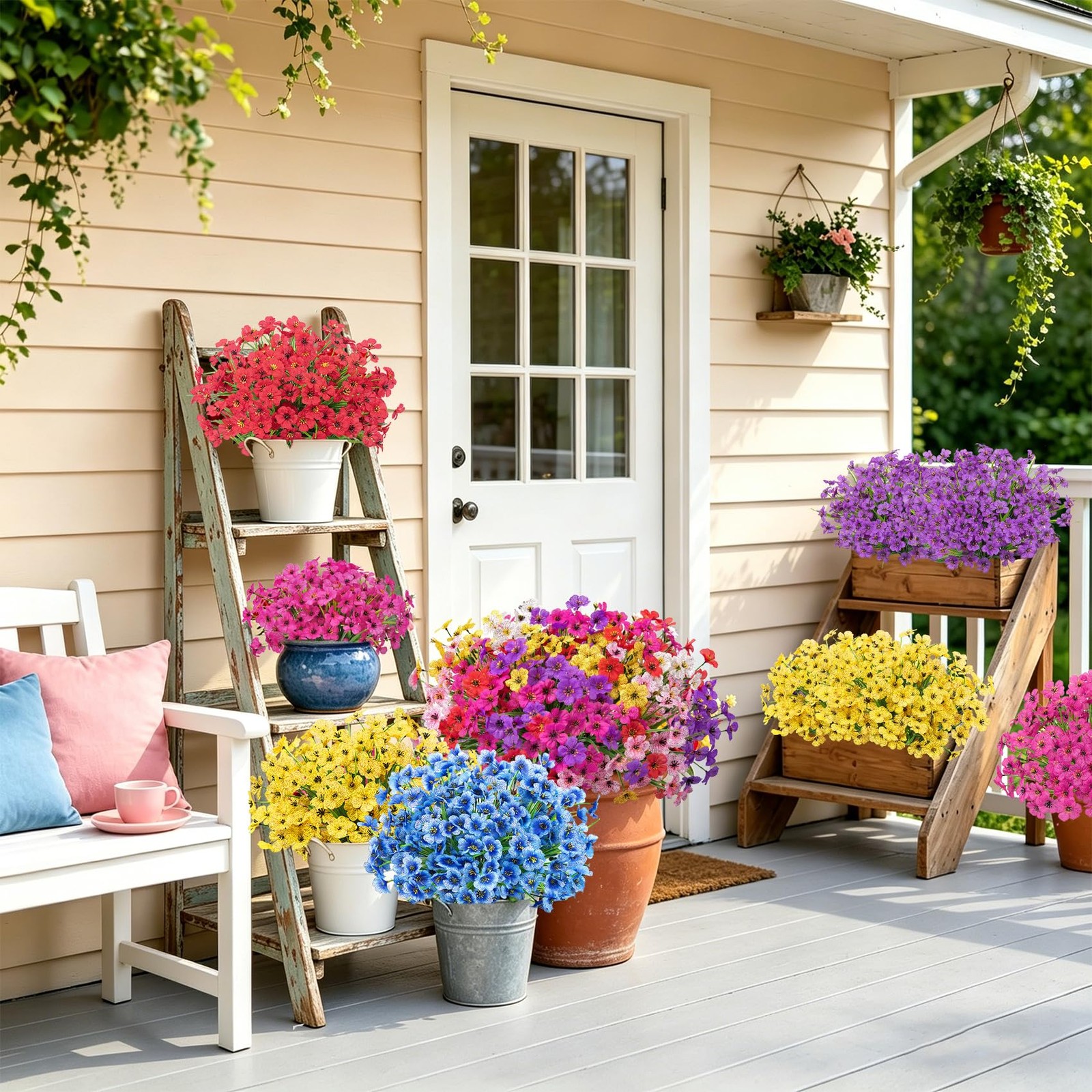 24 Bundles UV-Resistant Faux Silk Flowers, Multicolor Outdoor/Indoor Decor
