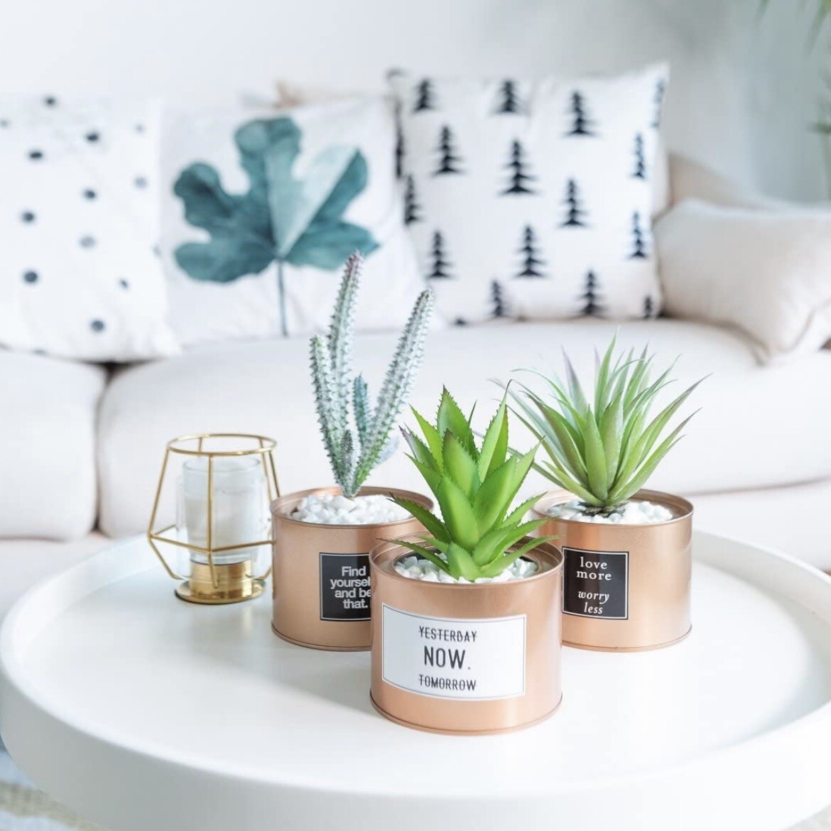 Opps Mini Artificial Plants Plastic Green Grass Cactus Golden Pot Design