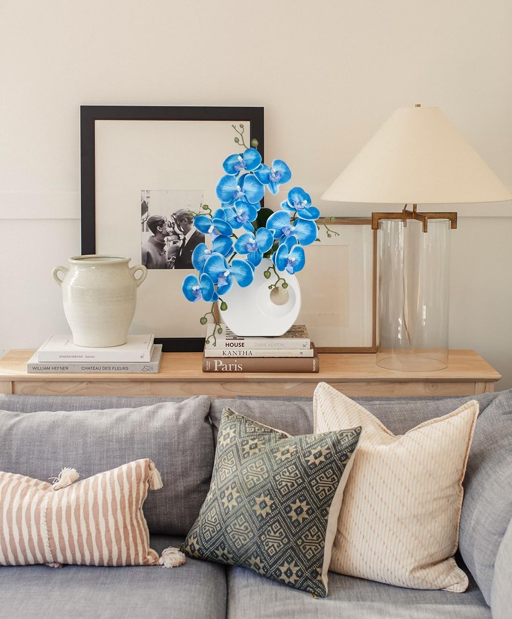 15.7-inch Tall Blue Artificial Orchid, Ceramic Vase, Silk Flower, Centerpiece