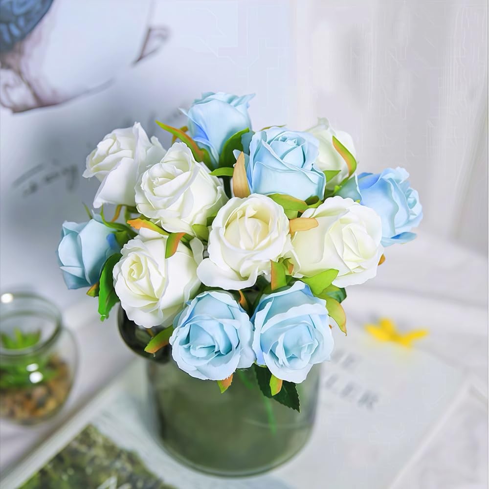 Blue White Artificial Roses Flowers 12 Heads Arrangement Silk Bouquet 1 PCS