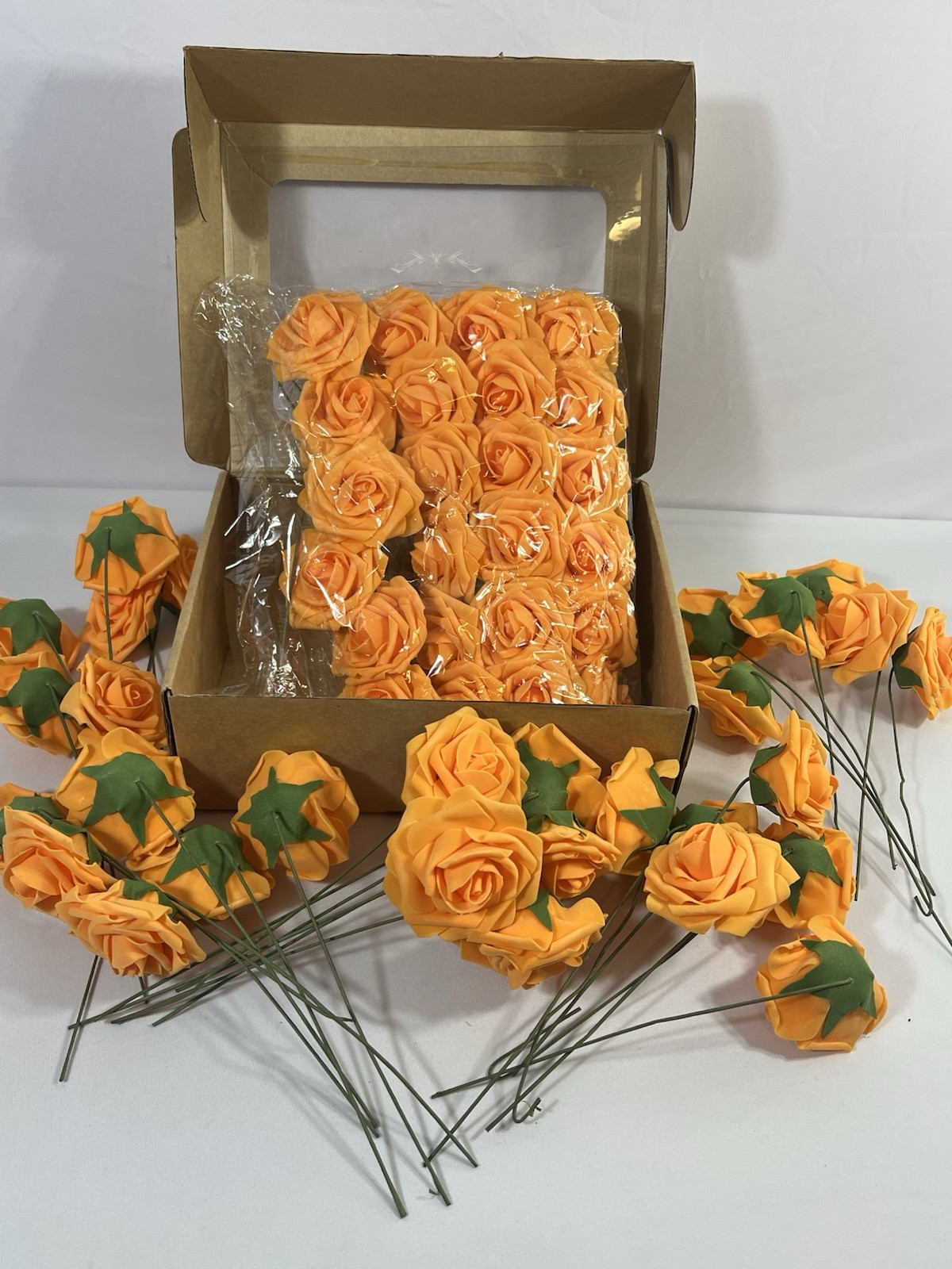 Artificial Rose Flowers 54 Pc Real Touch Fake Flowers with Stem Orange Faux Foam
