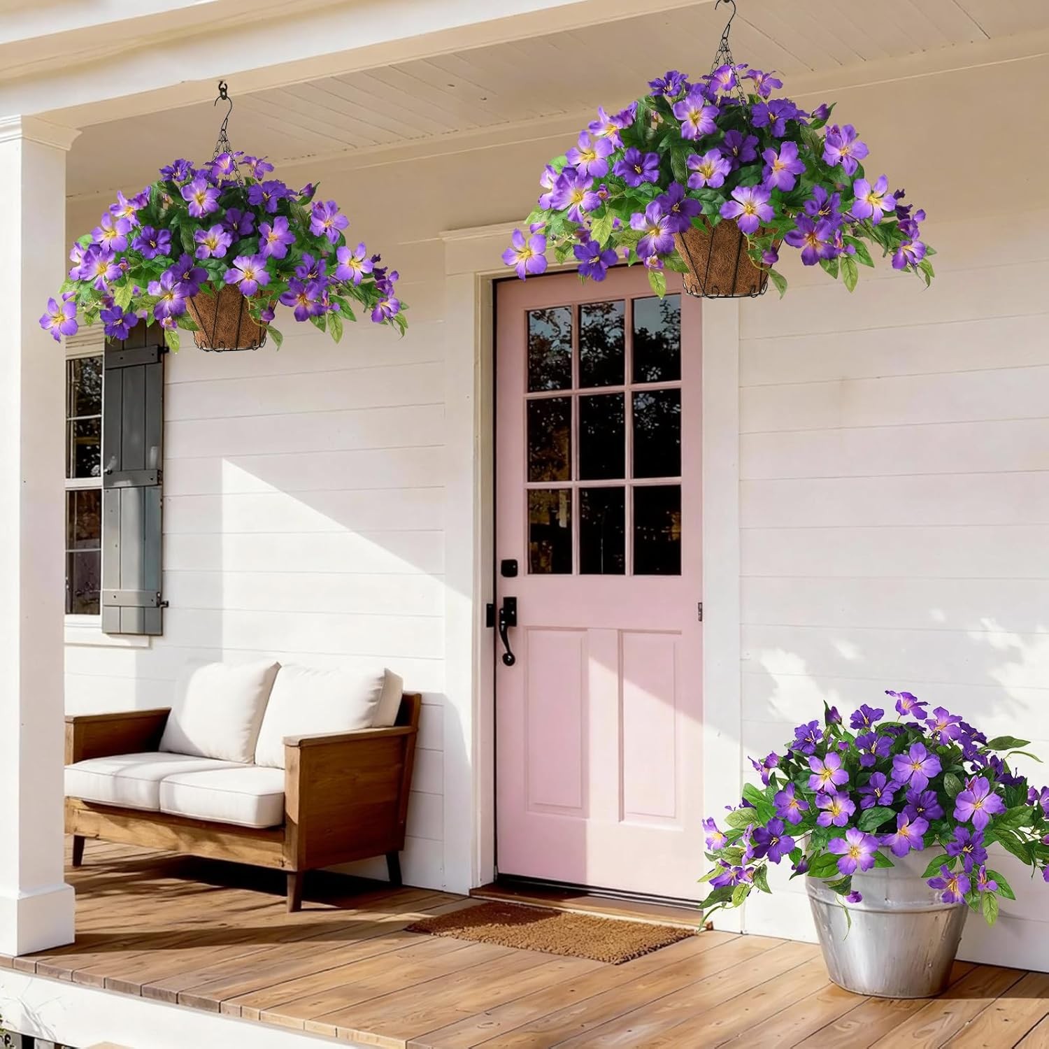 Artficial Fake Hanging Flowers Plants with Baskets, 3PCS Silk Faux Outdoor