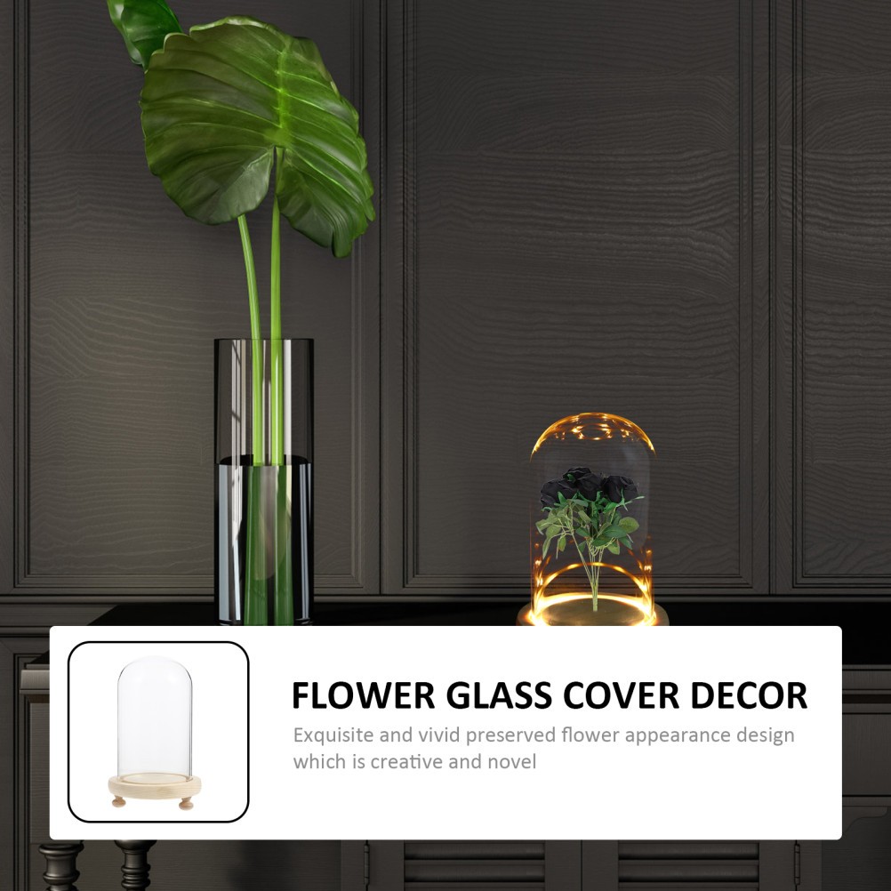 1Set Transparent Glass Cover with Preserved Flower Adornment for Desktop Use