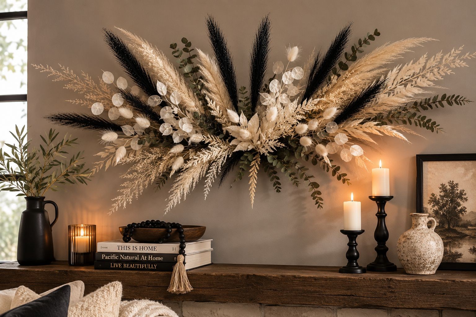 Black Pampas Grass Decor Set of 3 Faux Pampas Stems Gothic Decor Dark Academia H
