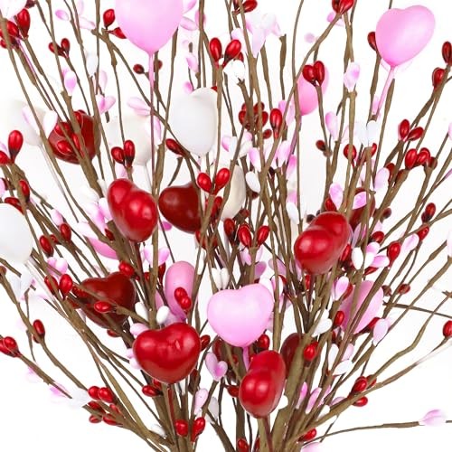 Valentines Day Decorations Artificial Heart Flowers Berry Stems Gifts, 6 Packs