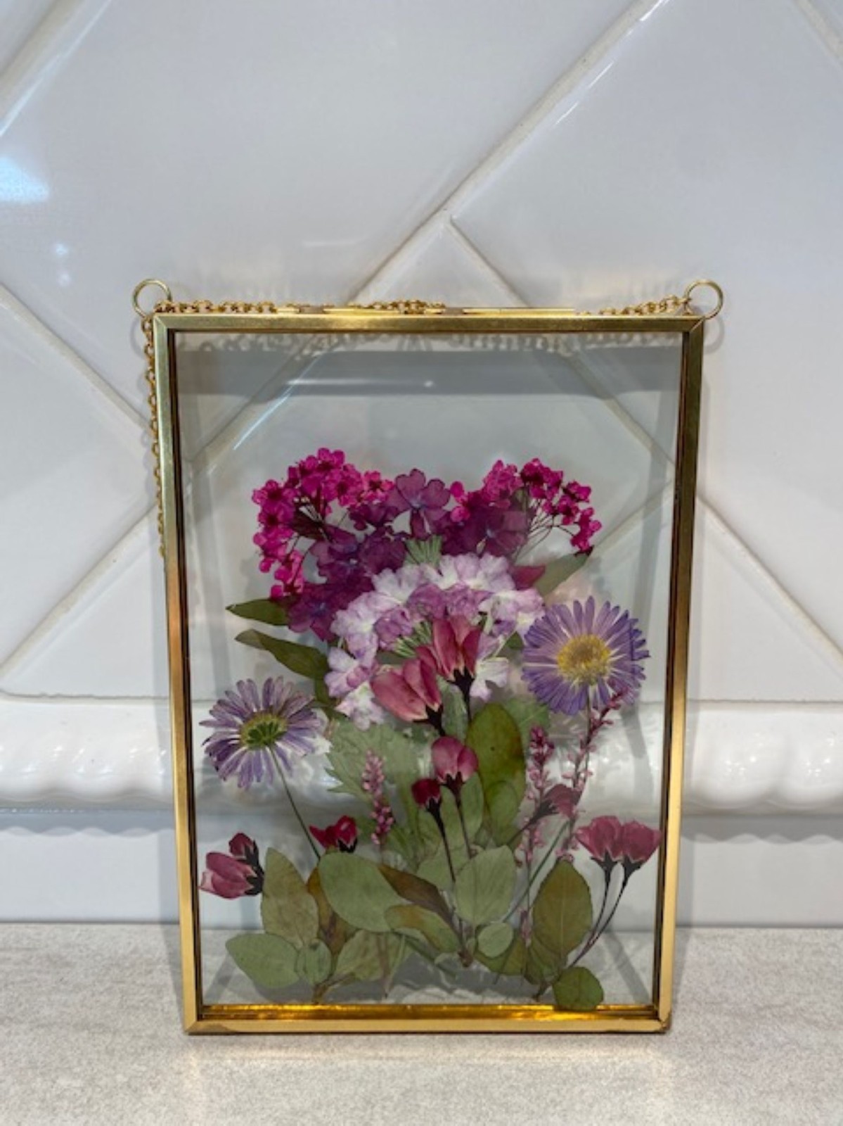 Handmade pressed real dried flowers in brass double glass floating frame