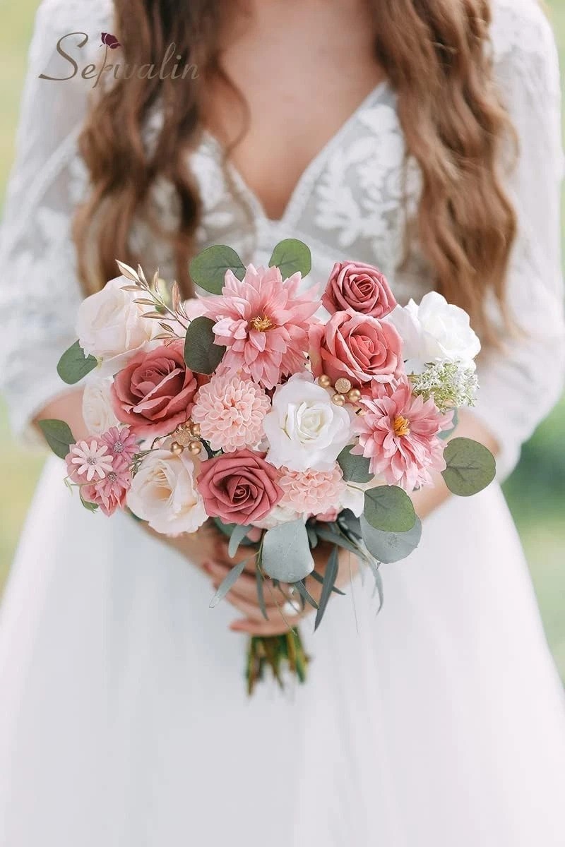 Luxury 2 Boxes Silk Pink Dahlia Roses Flowers For Wedding Bridal Bouquet
