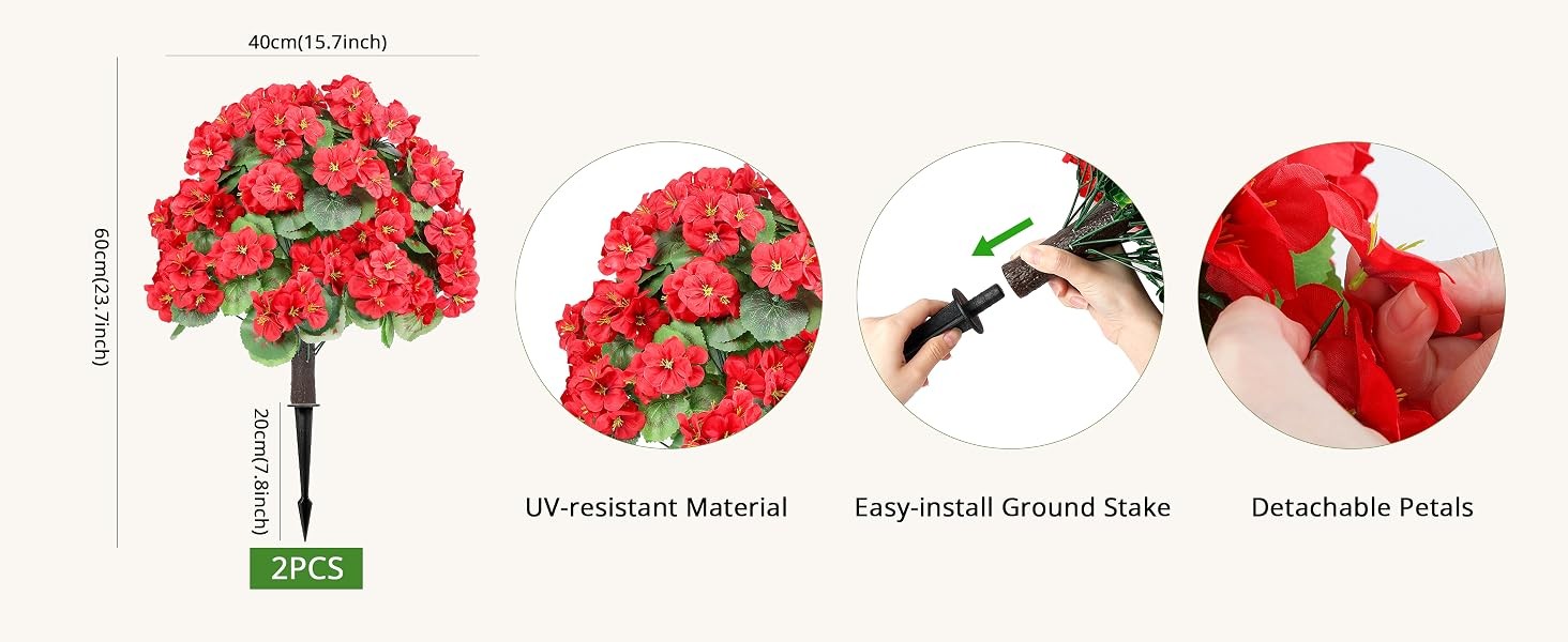 2 Set 24″ Artificial Geraniums with Stakes Outdoor, UV Resistant Artificial
