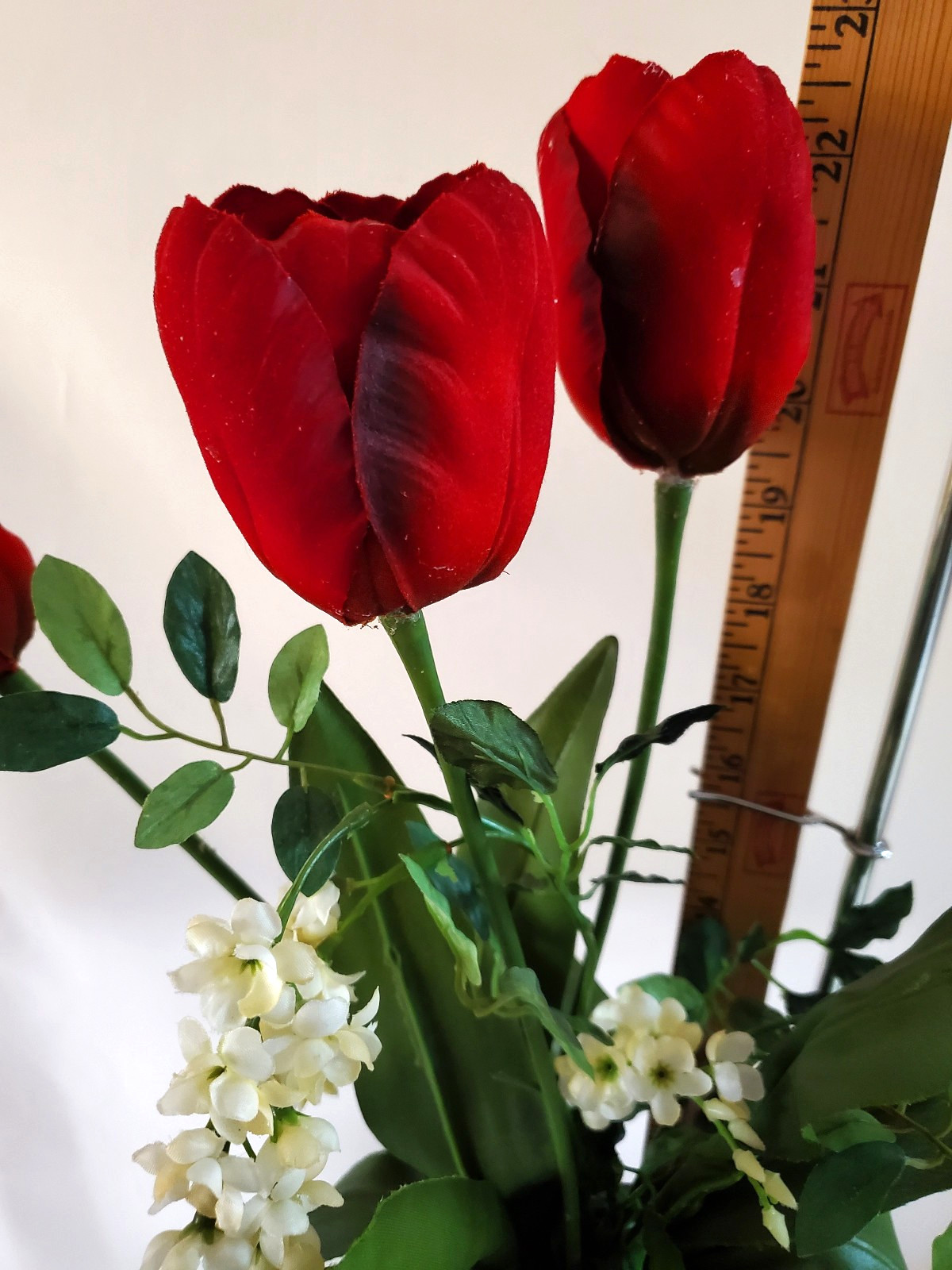 23″ Red Tulips Silk Floral Arrangement Blue Ceramic Vase Table Centerpiece